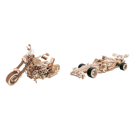 Puzzle 3D de moto clásica y auto de carreras de madera con mecanismos funcionales de Robotime