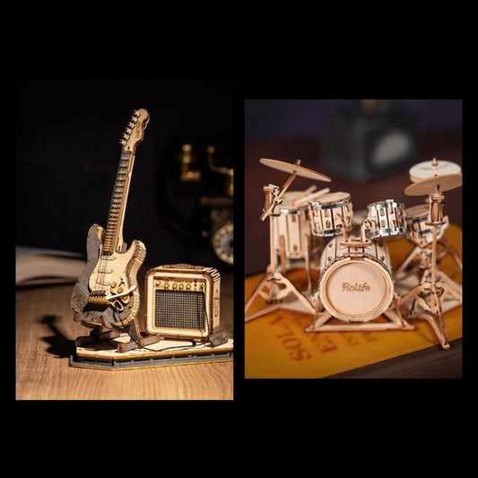 Guitarra Eléctrica y Batería Puzzle 3D Robotime – Banda rockera en miniatura armada