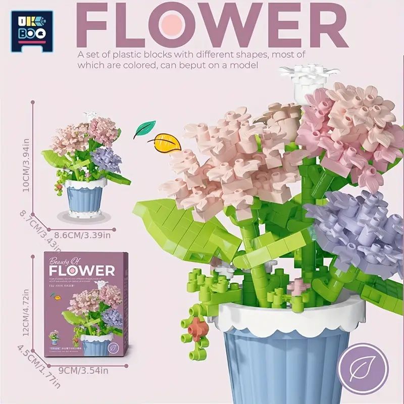 Bloques de Construcción de Flores 3D. Modelo fondo rosado.