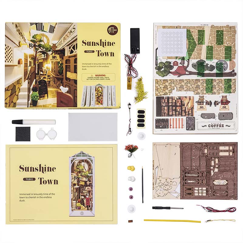 gbpcolecciones-Robotime-Tgb02-Sunshine-Town-Booknook-Separador-Libros-Armable-contenido