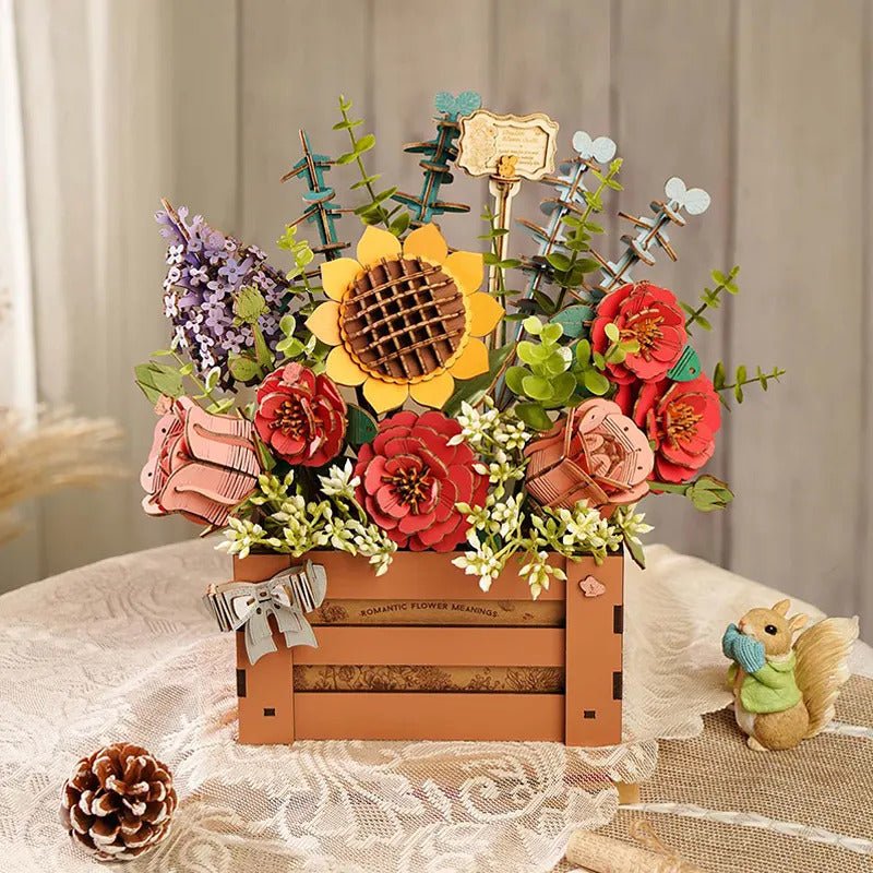 Flores armables en bloques de construcción y puzzles 3D de madera tipo Robotime como ideas de regalo decorativas