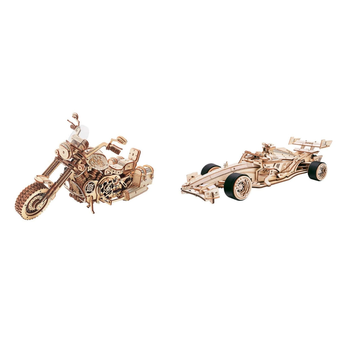Puzzle 3D de moto clásica y auto de carreras de madera con mecanismos funcionales de Robotime