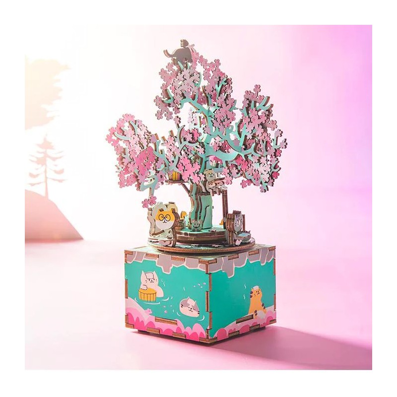 Caja Musical Árbol de Cerezo con Gatos de Robotime Rolife, puzzle 3D de madera ensamblado, con diseño detallado de cerezos en flor y figuras de gatos, acompañado de la melodía Greensleeves.