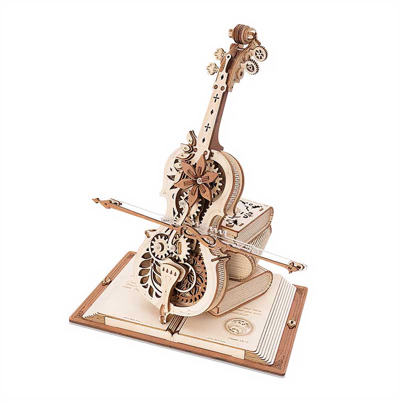 Puzzle 3D de madera Magic Cello AMK63 de Robotime ROKR, caja musical, fondo blanco.