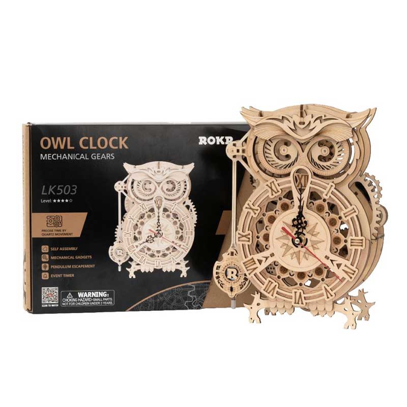 Robotime-LK503-Owl-Clock-Reloj-Buho-GBP-Colecciones-Caja