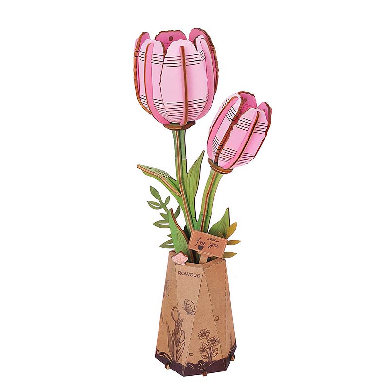 Tulipan-Rosa-Flor-Madera-TW082-Robotime-Armables-GBP-Colecciones-Fondo blanco con florero