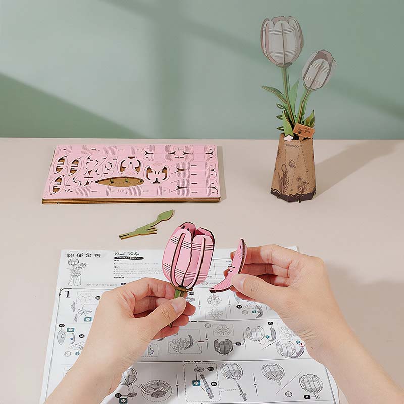 Tulipan-Rosa-Flor-Madera-TW082-Robotime-Armables-GBP-Colecciones-Ensamble